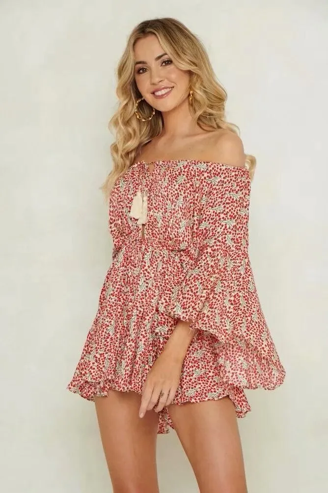 Boho Ruffles женский комбинезон с принтом с расклешенными рукавами с открытыми плечами сексуальный комбинезон свободный пляжный короткий комбинезон с кисточками