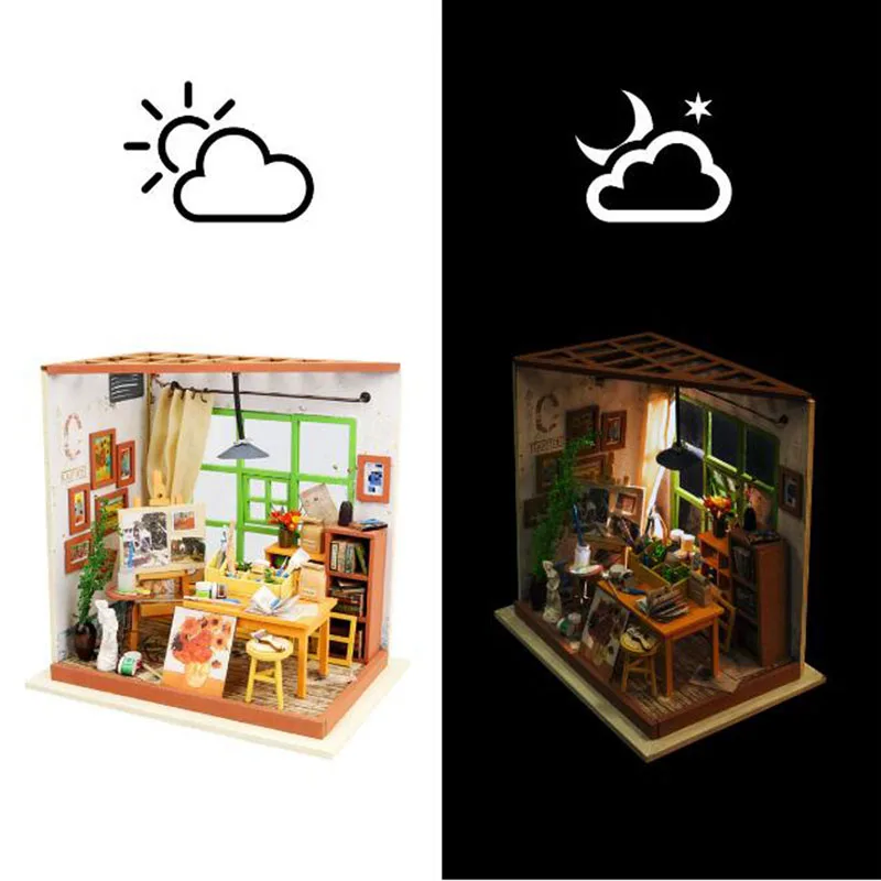 

Robotime DIY 3D Wooden House Puzzle Toy LED Building Puzzle Model Miniature Construction Ada's Studio Furniture Toys For Kids