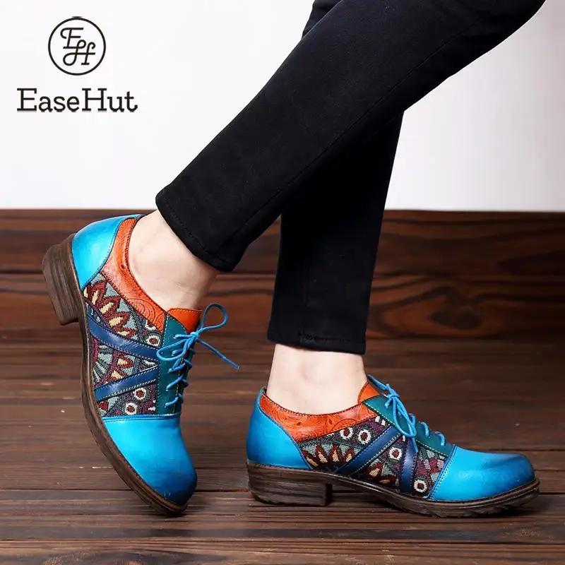 

EaseHut Vintage Women Oxford Pumps Loafers Shoes Genuine Leather Splicing Lace-Up Ladies Casual Brogues 2019 Leather Shoes