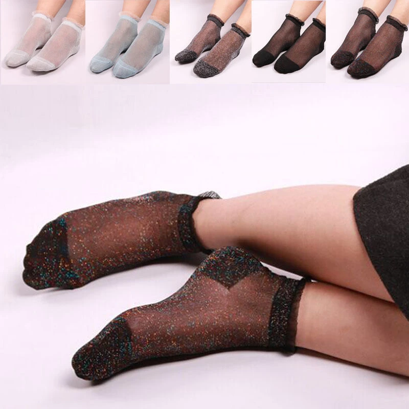 Women Ladies Ankle Socks Sequin Sheer Silky Glitter Transparent Short