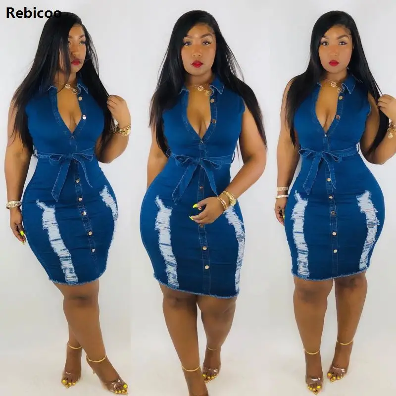 2019 new women sleeveless summer denim button up with sashes midi dress jean hollow out hole dresses vestidos L5055