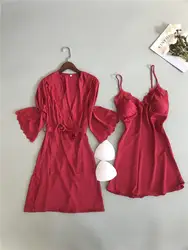 Новинка весны кружево сексуальный халат комплект с накладные чашки для груди ночная рубашка + пижама для женщин