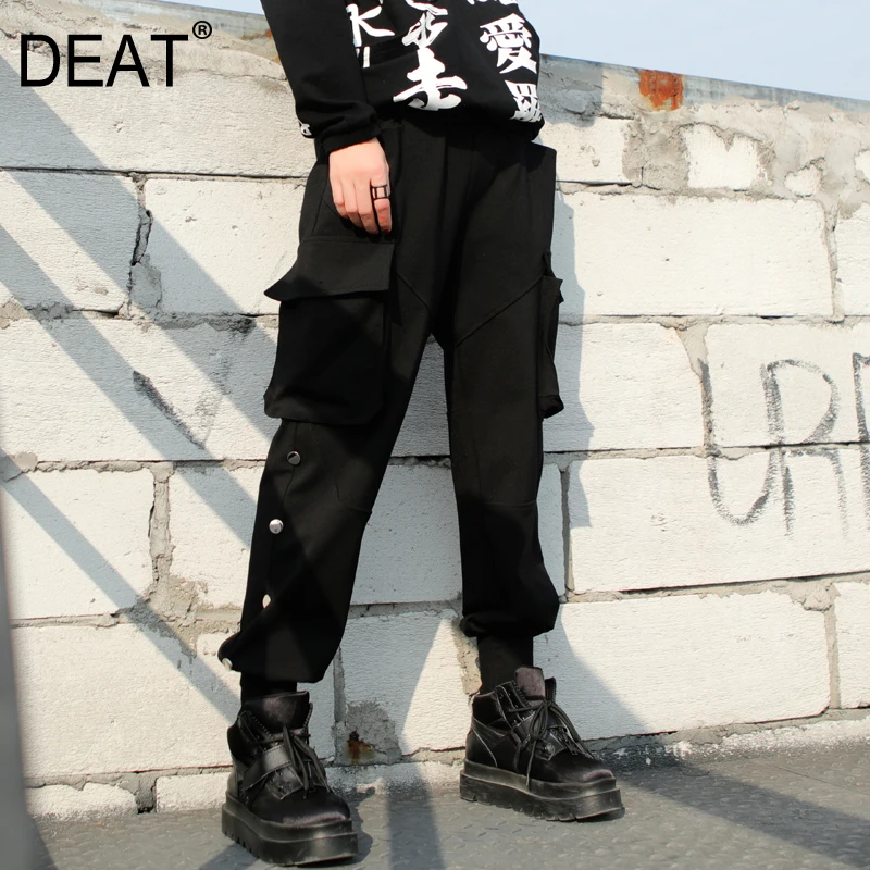 [DEAT] новые осенние зимние свободные черные брюки с высокой эластичной талией и карманами с заклепками, женские брюки, модные брюки JR543