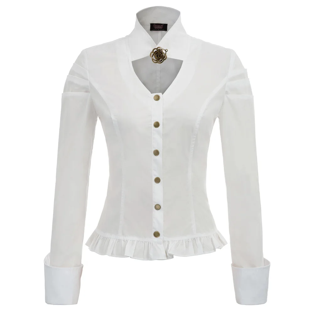 

new Chemise Femme Ladies Women Tops Spring Fall Steampunk Long Sleeve Stand Collar Button Placket Frilled Hem Shirt party blouse