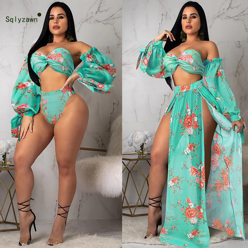 

Sexy Summer Beach Sun Flower Printed Women Shorts + Split Long Skirt Suits 4 Piece Set Lace Up Lantern Oversleeve Beach Swimwear