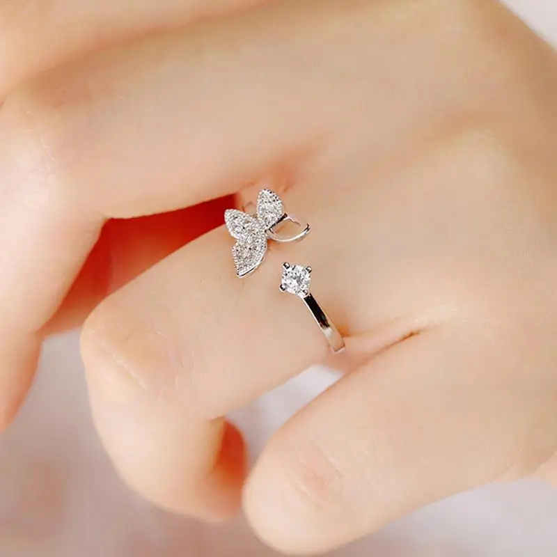 

Fashion Ring Open Adjustable Ring Butterfly Shape Rhinestone Inlaid Crystal Rings For Women Ladies Elegant Jewelry Accessories