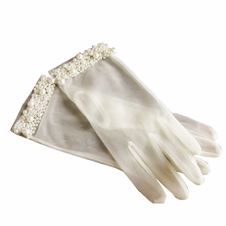 Белые, цвета слоновой кости, белые короткие свадебные перчатки, длина запястья, кружевные аппликации, блестки, жемчужные свадебные перчатки, свадебные аксессуары из бисера