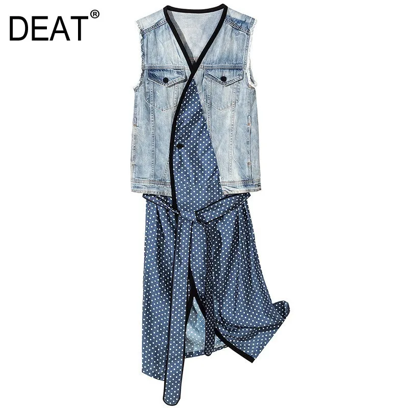 

[DEAT] 2019 New Autumn Winter V-Neck Sleeveless Blue Denim Stitch Burr Dot Pinted Belt Vest Dress Women Fashion Tide JT20