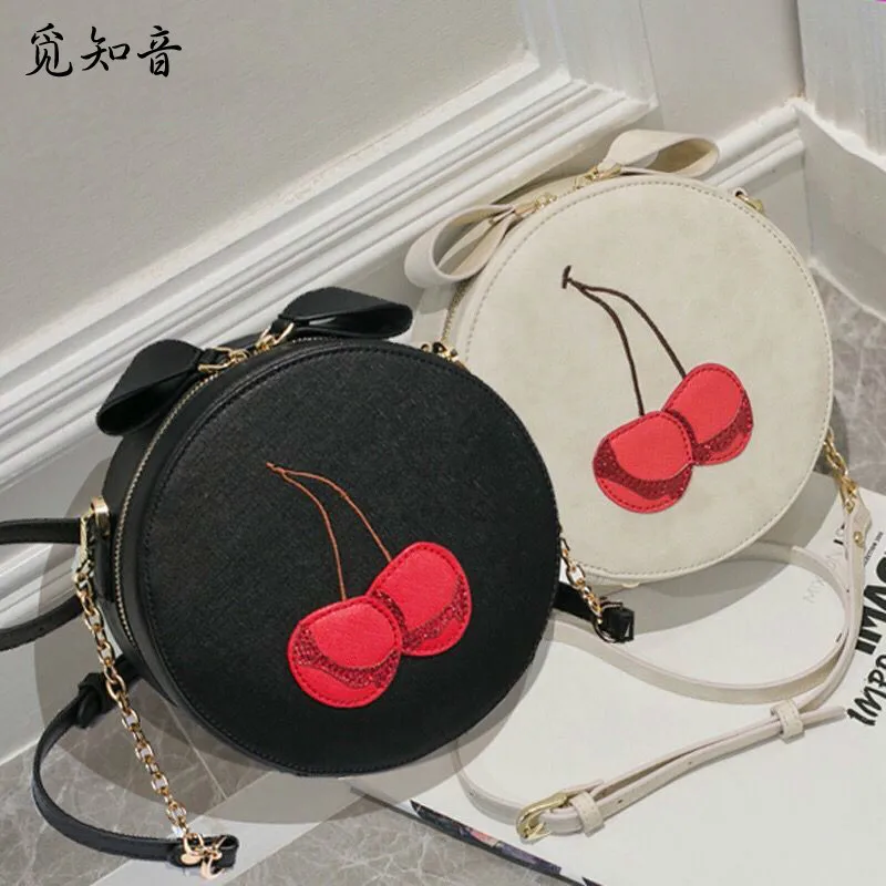 

Summer Fashion New Handbags High Quality Pu Leather Women Bag Cute Girls Chain Round Bag Print Cherry Shoulder Female Bag