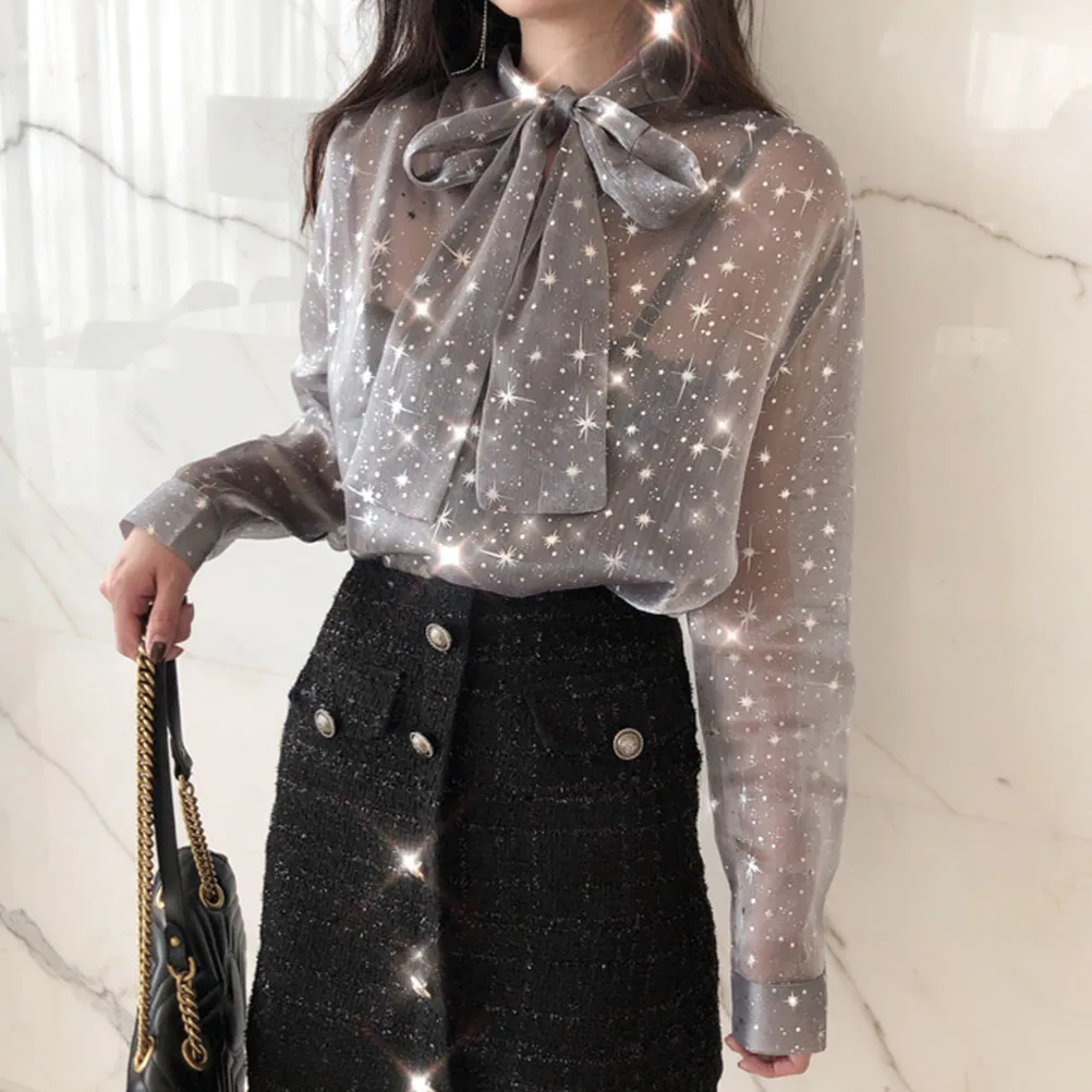  2019 New Ladies Shirts Shinning Star Bright Bow-Knot Blouse Lace Top Long Sleeves Shirt