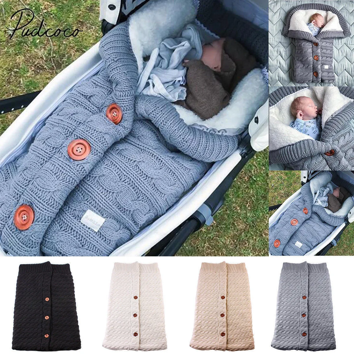 

2019 Brand New Newborn Baby Infant Knit Swaddle Winter Warm Sleeping Bag Fur Toddler Swaddle Solid Knitted Sleeping Bag