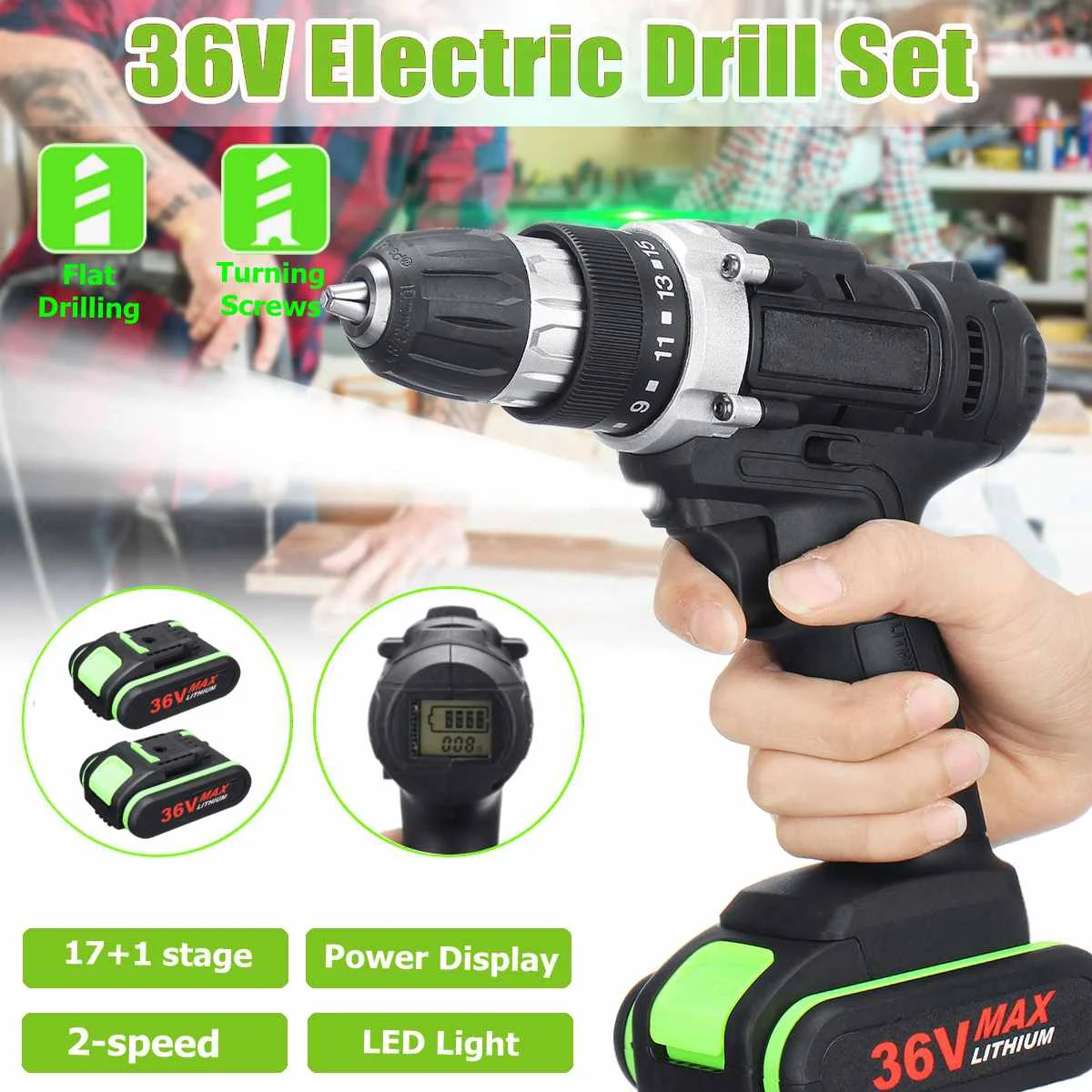 

2-Speed 36V Rechargeable Electric Drill Set Screwdriver Flat Drilling Power Tools with Digital Display LED Working Light