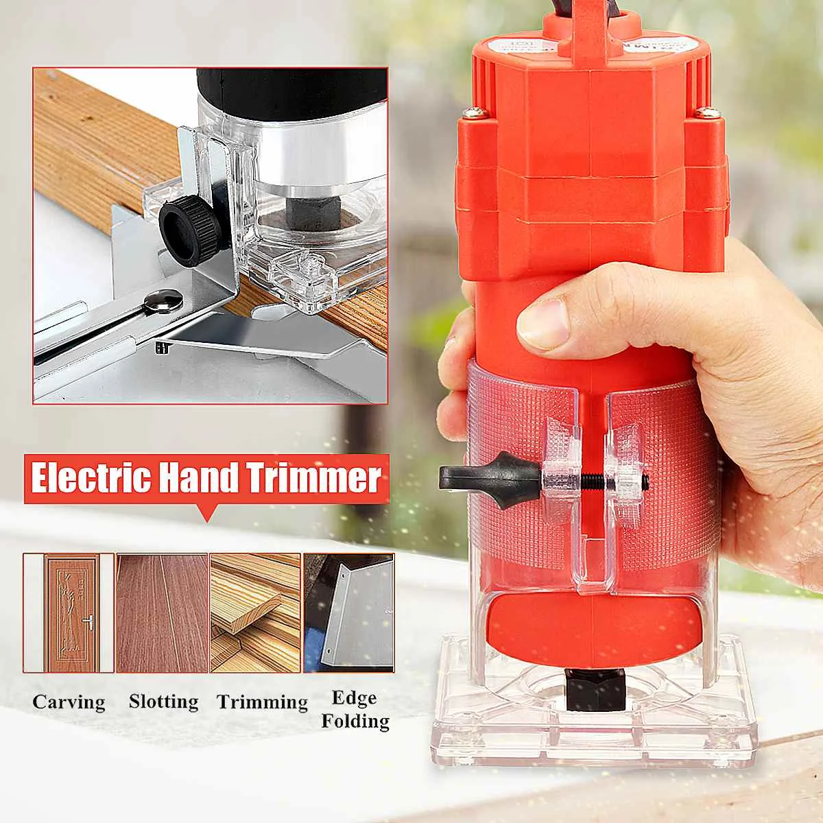 

1/4" 50HZ 220V 450W/1200W Corded Electric Hand Trimmer Wood Laminator Router Joiners Tools Transparent Base DIY Lift Knob