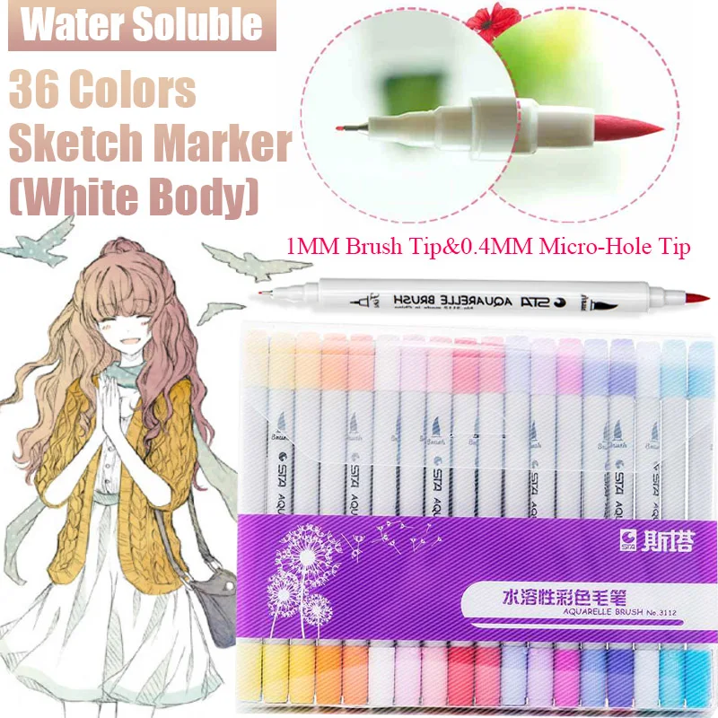 

36 Colors Micron&Brush Double Head Art Markers Water Soluble Sketching Artistic Brush Pen For Drawing School Office Art Supplies