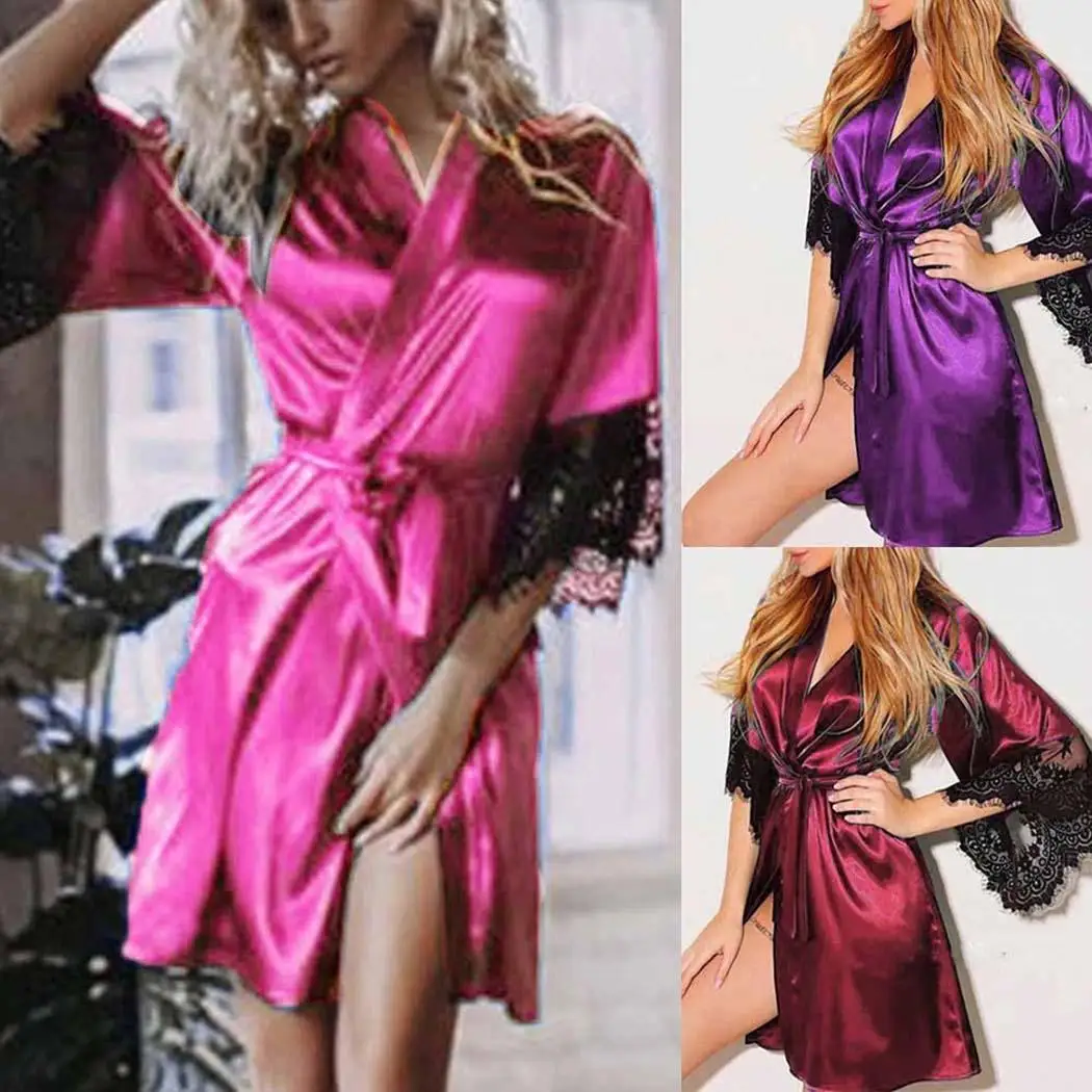 Для женщин Сплошной шелк кружево белье Пояс халат Мини Sexy V образным вырезом