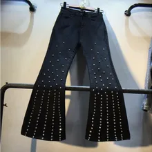 Черные женские джинсы клёш весенние модные тяжелые алмазные заклепочная дрель с высокой талией тонкие расклешенные брюки повседневные джинсовые брюки