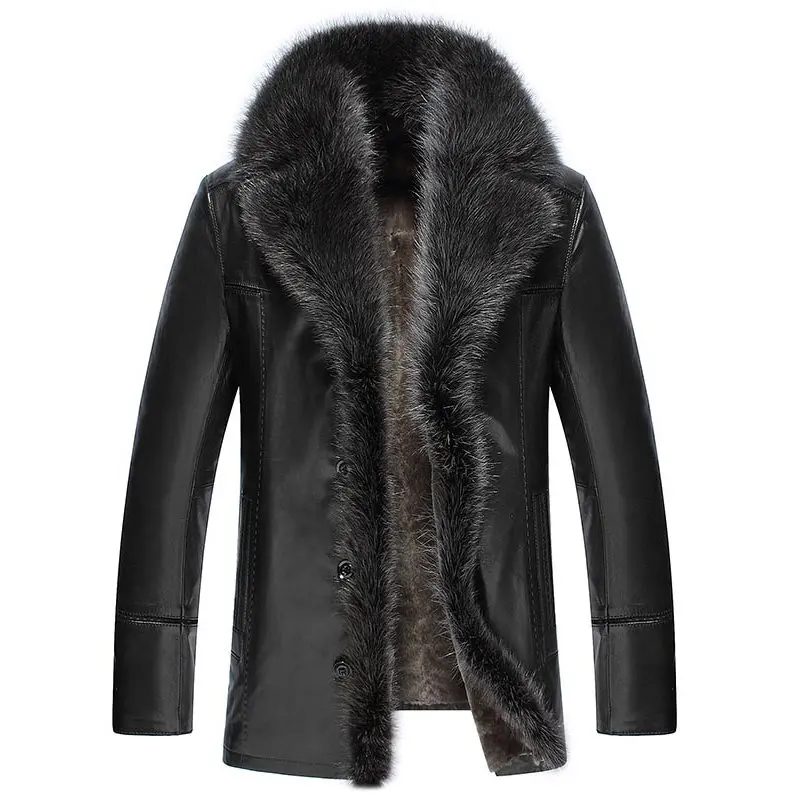 PU Winter Coats Men Fashion Casual Slim Lapel Plain Long Sleeve Button Thick Black Fur Lapel Mens Leather Overcoat Down Jackets