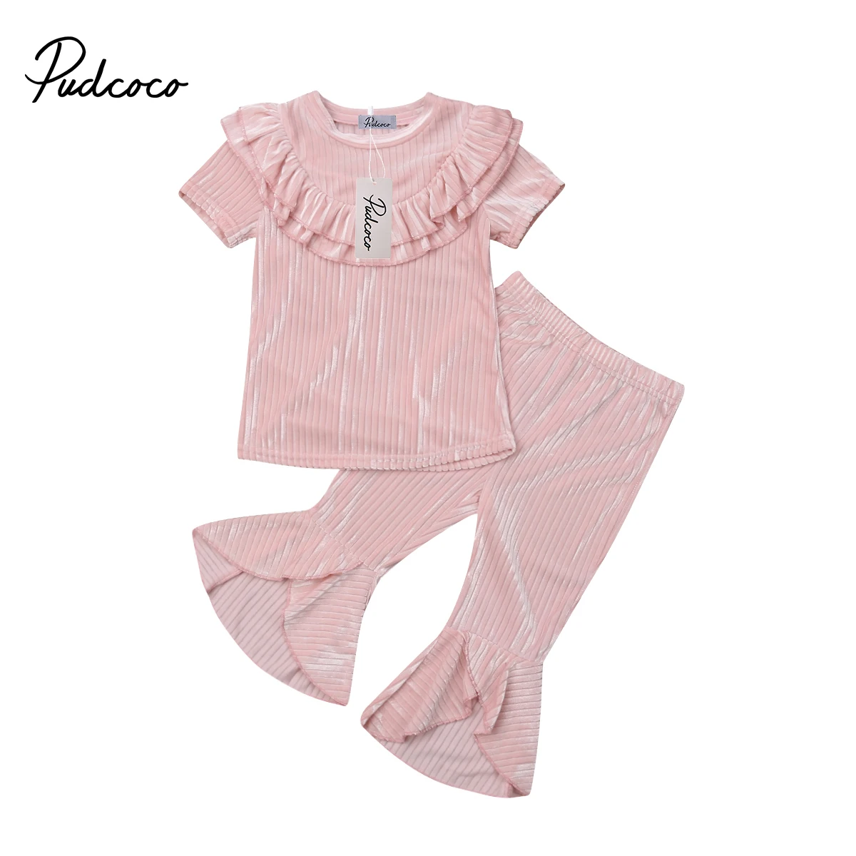 

Velvet pudcoco 2019 Toddler Kids Baby Girls Fold Striped Short Sleeve T-shirt top Ruffles Pant Autumn 2PCS infant girl Clothes