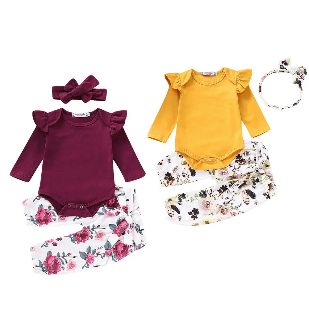 

Newborn Infant Baby Girls Cotton Tops Long Sleeve Solid Romper Floral Pants Headband Outfits Set Clothes