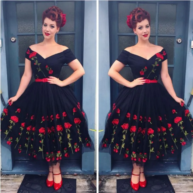 

Women Vintage Off Shoulder Mesh Lace Midi Dress Retro Prom Floral Rockabilly Big Swing Party Dress Elegant Embroidery Rose Dress