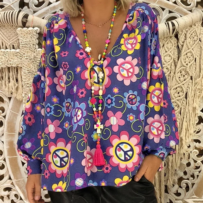 

Summer Chiffon Shirt V Neck Floral Printing Long Sleeve Loose Casual Comfort Women Clothing Plus Size Chemisier Femme Ey*