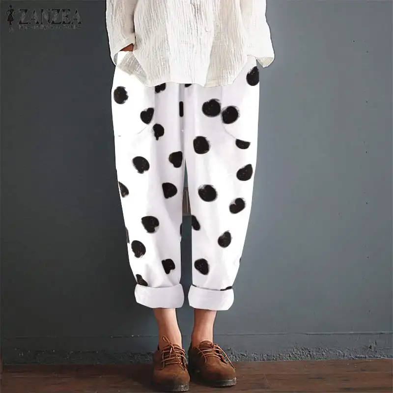 

ZANZEA Vintage Polka Dot Pants Women Elastic Waist Trousers Female Casual Cotton Linen Harem Pants Robe Summer Turnip Pantalon
