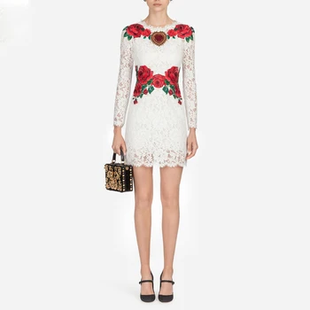 

2019 Summer Elegant Floral Embroidery Women White Mini Dress Runway Hollow Out Long Sleeve Female Party Dresses Clothes