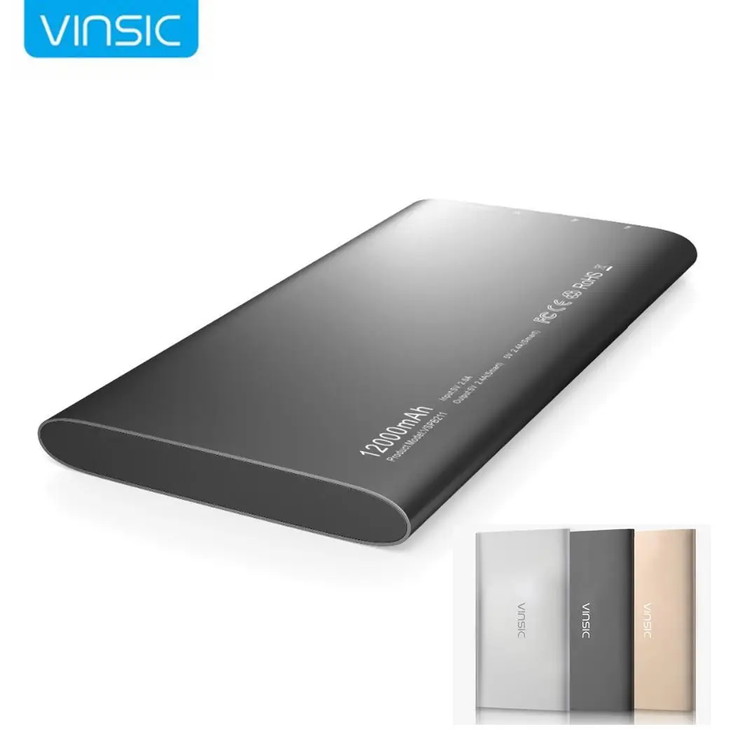 VINSIC 12000mAh внешний аккумулятор ультра тонкий 5V 2.4A двойной USB для iPhone X 8 Plus Xiaomi Huawei