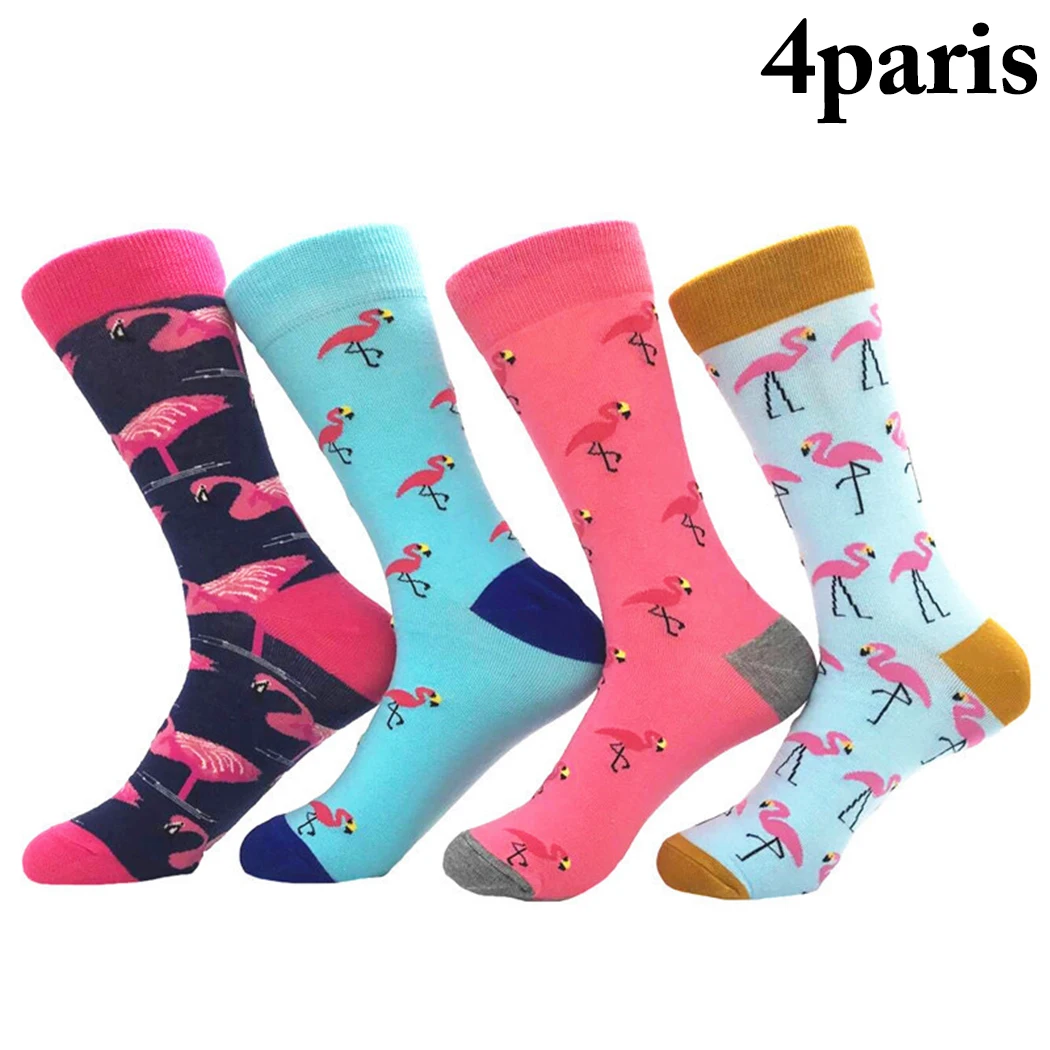 4 Pairs Crew Socks Fashion Flamingo Print Soft Warm Cotton Socks for Men Women Trend Happy Cotton Large Size Crew Socks