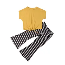 2019 модная летняя одежда для маленьких девочек однотонная свободная футболка с короткими рукавами Топы + длинные расклешенные штаны в