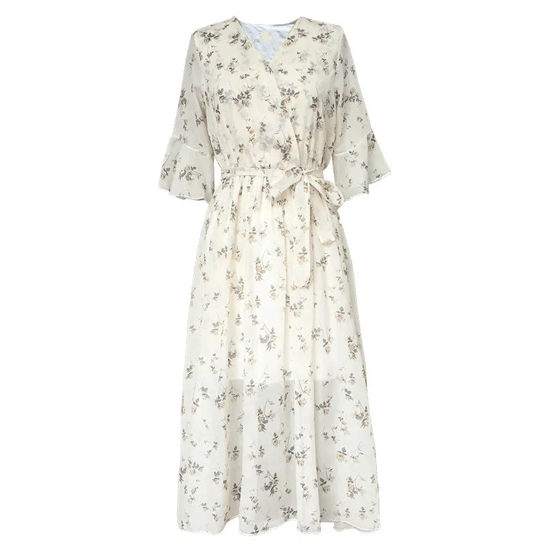 

2019 Casual Floral Print Half Sleeve Chiffon Dress Autumn Spring Elegant Ladies Dress Sexy V-neck Party Dresses