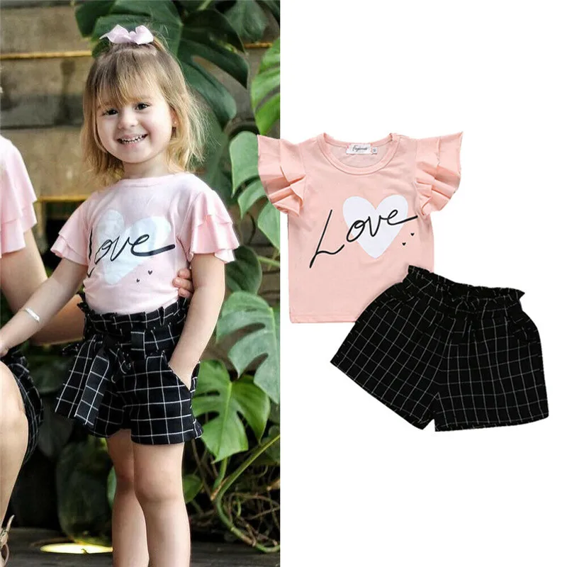

Girls Suits 2019 Summer Style Kids Beautiful Plaid Fly Sleeve Children O-neck Clothing Shorts Suit 2Pcs Clothes Set