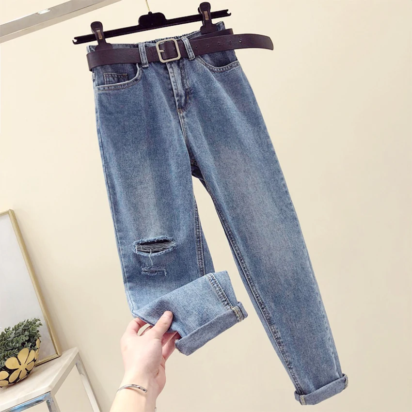 Винтажные джинсы для женщин в стиле бойфренд с высокой талией, джинсы для мам, повседневные рваные прямые джинсы с дырками, Женские джинсовые штаны размера плюс 5XL