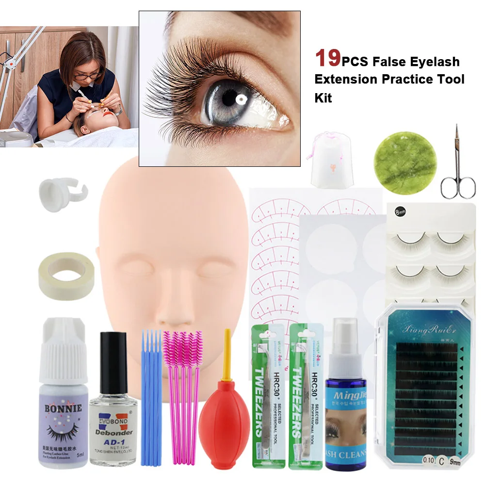 19PCS False Eyelash Extension Practice Tool Kit Eyelashes Make Up Head Model Individual False