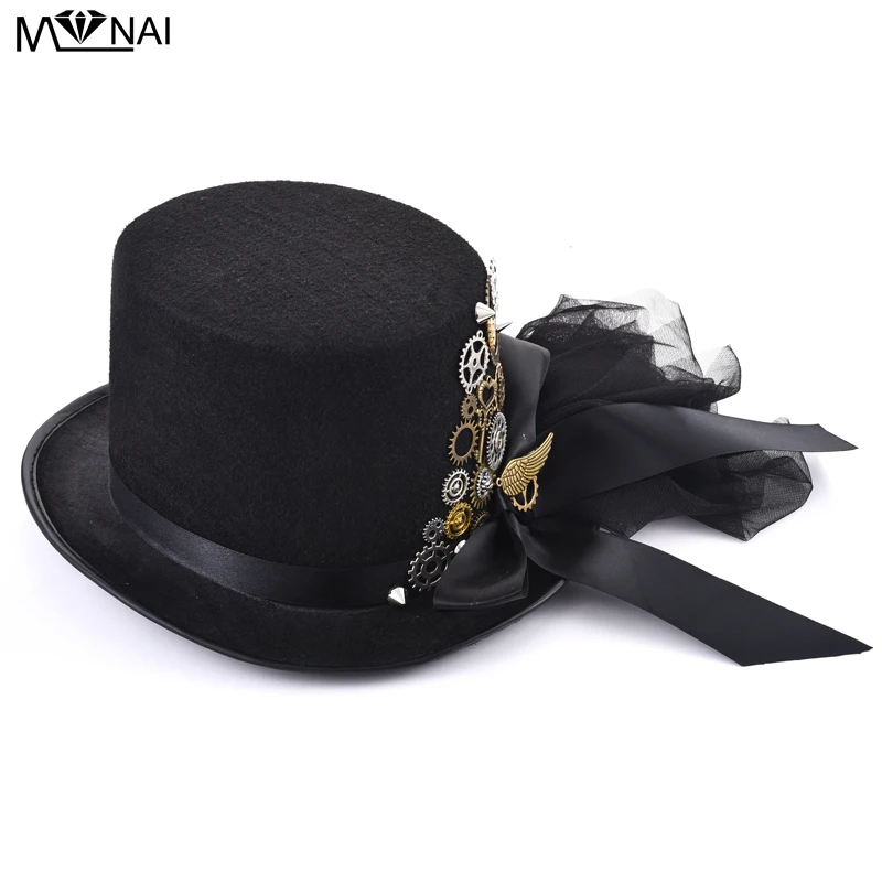 DIY Готический викторианский стимпанк Черный топ шляпа для мужчин и женщин шестерни крыла ключ шапки с вуалью бантом шляпа панка аксессуары
