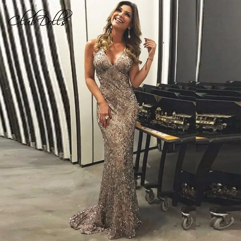 

Gillter Evening Dress See Through Sexy Sequin Deep V Evening Party Dress Fashion Long Formal Evening Gowns Vestido