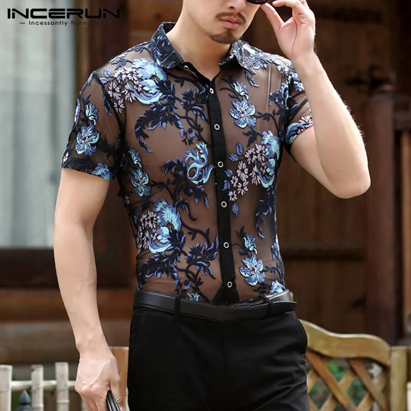 

INCERUN Fashion See Through Mesh Men Shirt Flower Embroidered Button Transparent Male Tops Short Sleeve Sexy Lace Shirt Men 2019