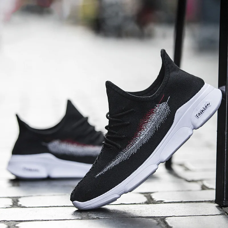 Men Casual Shoes Men Mesh Light feather embroidery black Sneakers Breathable Elastic band Walking shoes Zapatillas de deporte