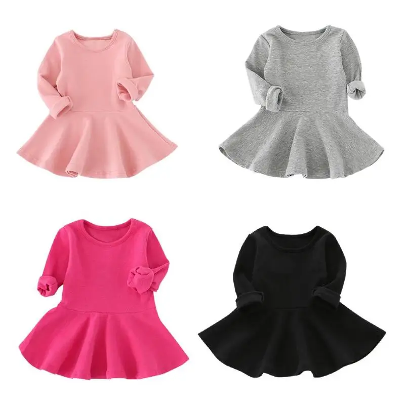 

Cute Children Girls Solid Color Long Sleeve Dress Kid Autumn Casual Clothes