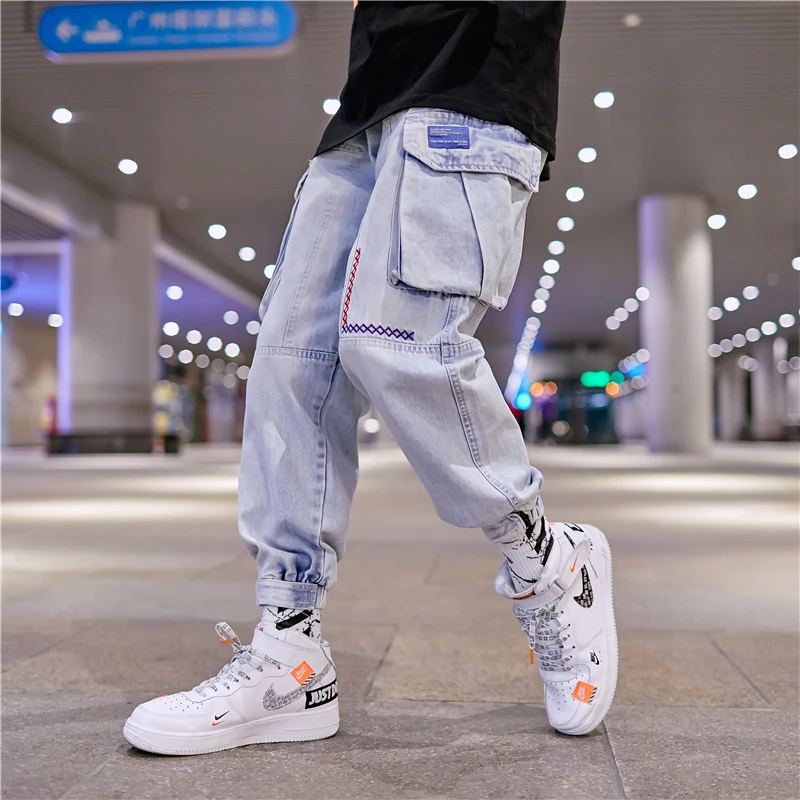 

Jeans men's tide brand nine pants street trend loose hip hop wide leg harem pants big pocket tooling pants men