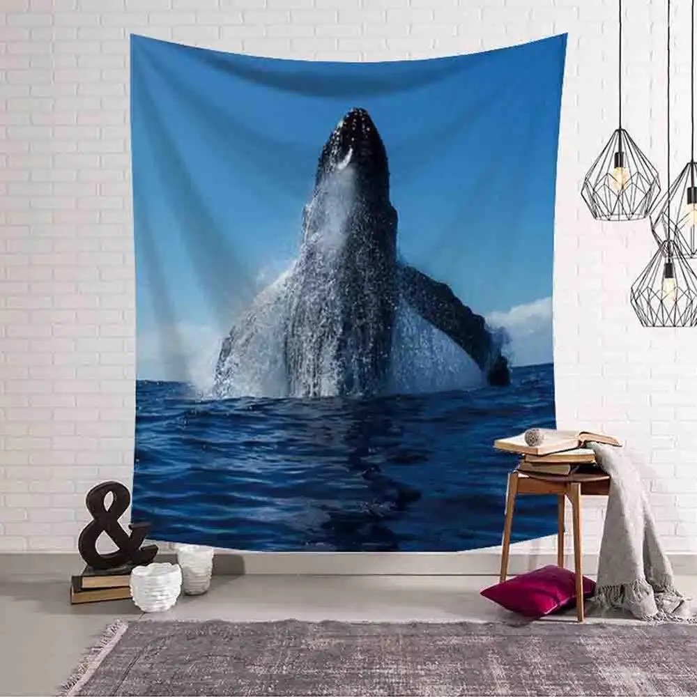 Dancing Whale Printed Wall Hanging Tapestry Shark Blue Sky Sea Tapestries Boho Bedspread Yoga Mat Beach Blanket Home Decorative