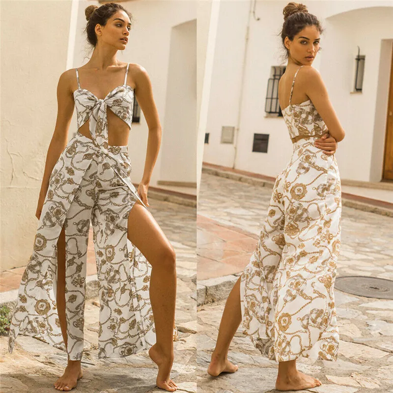 

Women 2 Piece Outfit Set Jumpsuit Long Pants Set Sleeveless Crop Tops Floral Bandage Boho Beach Clothing