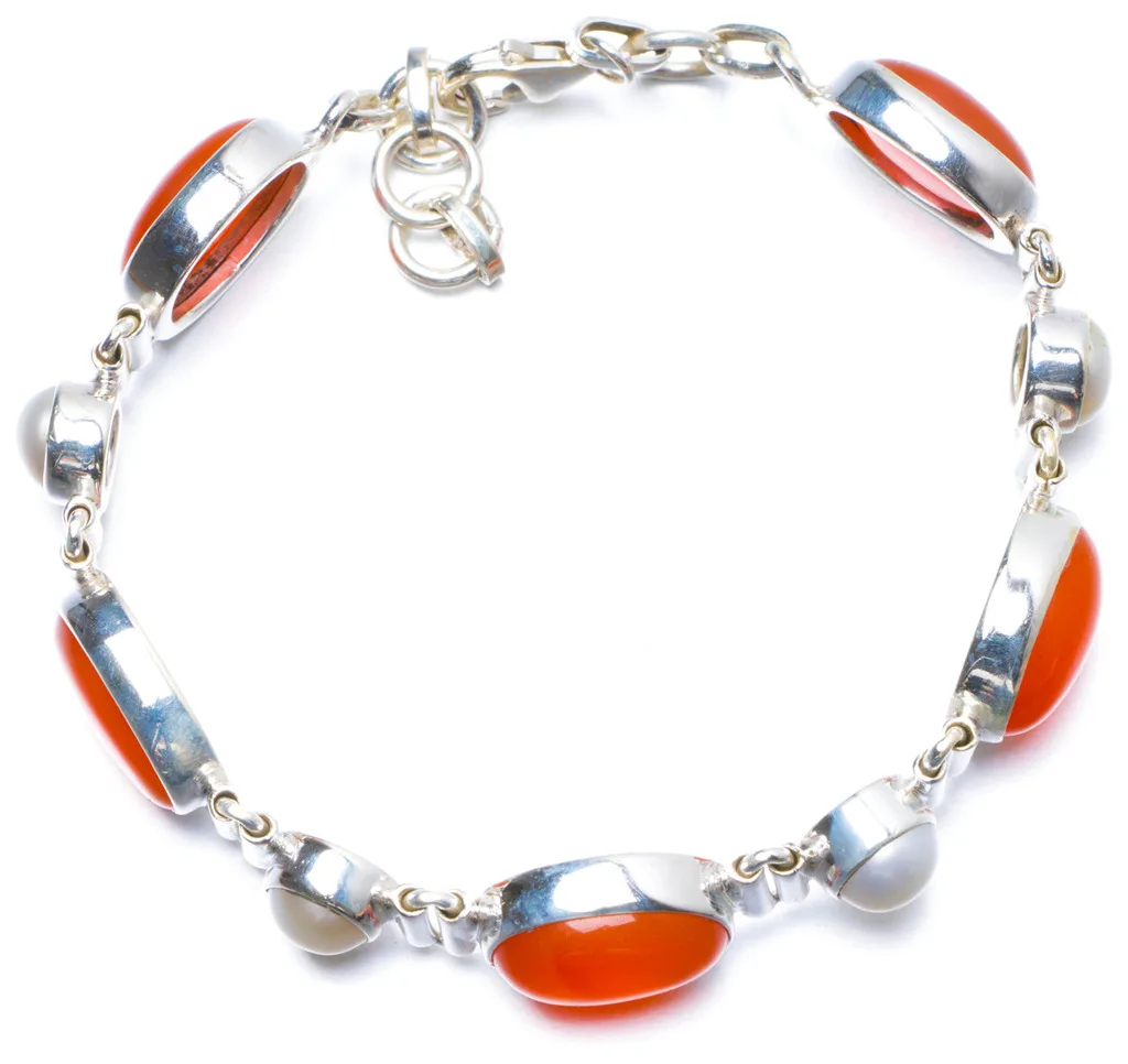 

Natural Carnelian and River Pearl Handmade Unique 925 Sterling Silver Bracelet 7 1/4-8" Y0086