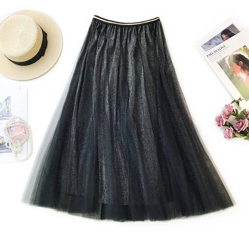 

Women Lace shiny metallic patchwork High Waist Tulle Pleated Skirt Female Fishtail mermaid Mesh A-line casual loose tutu Skirts