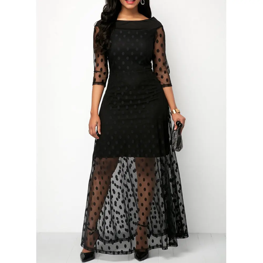 

2019 Newest Style Plus Size Ladies Long Sleeve Dot Vintage Style Women Patchwork Party Bodycon Maxi Dress Clothing Black