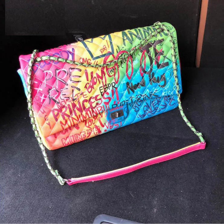 

Kajie Large Women Handbags Graffiti Embroidery Chain Lock Shoulder Bags Letter Diamond Lattice Contrast Color Travel Bags