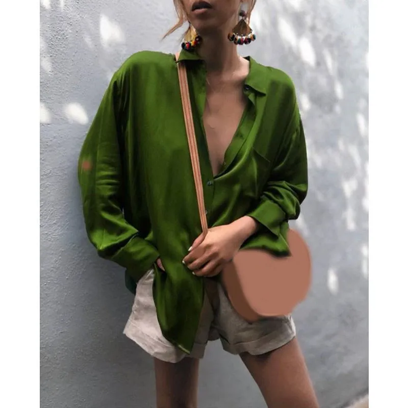 

2019 Spring Fashion Women Buttons Shirts Lapel Neck Long Sleeve Loose Blouses Vintage Female Solid Casual Top
