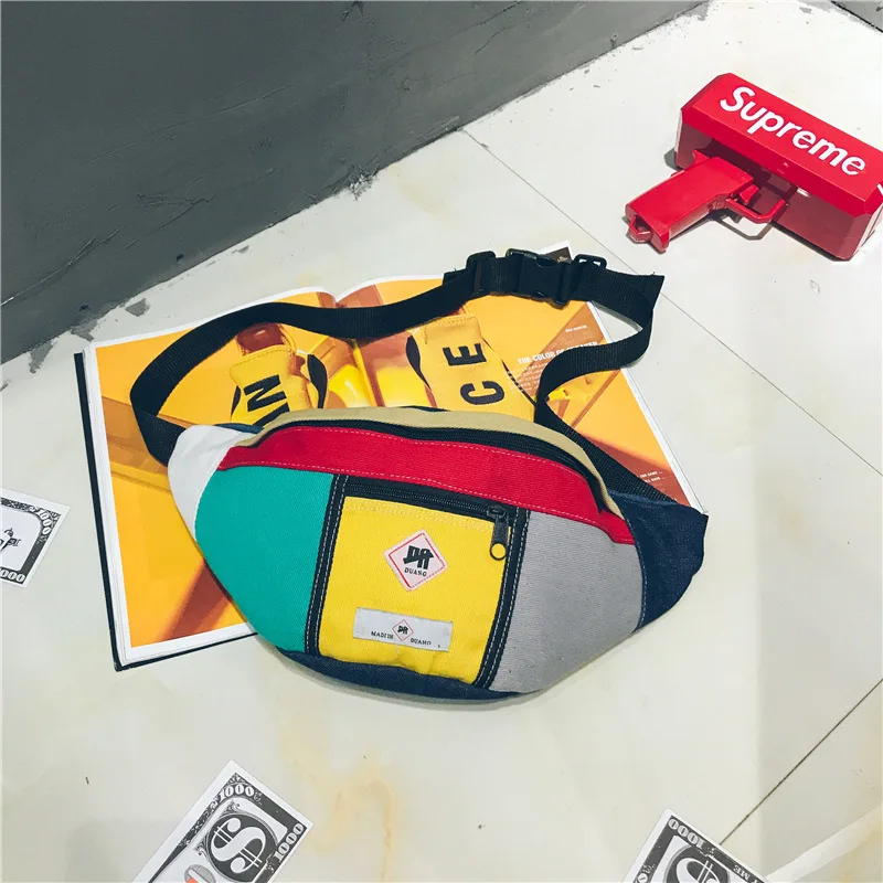 

Waist Bag Summer Korean Casual Canvas Contrast Color Shoulder Diagonal Bag Chest Bag Splicing Pockets Harajuku Fanny Pack