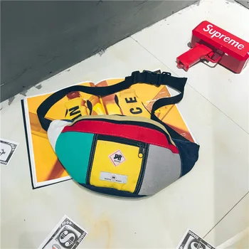 

Waist Bag Summer Korean Casual Canvas Contrast Color Shoulder Diagonal Bag Chest Bag Splicing Pockets Harajuku Fanny Pack