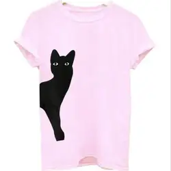 Vessos плюс Размеры Для женщин футболки кошка с круглым вырезом и принтом топы С Короткими Рукавами Летняя Повседневная футболка более